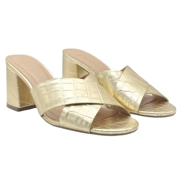 Lulus Ybarra Metallic Gold Croc-Embossed Block Heel Leather Sandals Size 7.5 - Picture 6 of 16